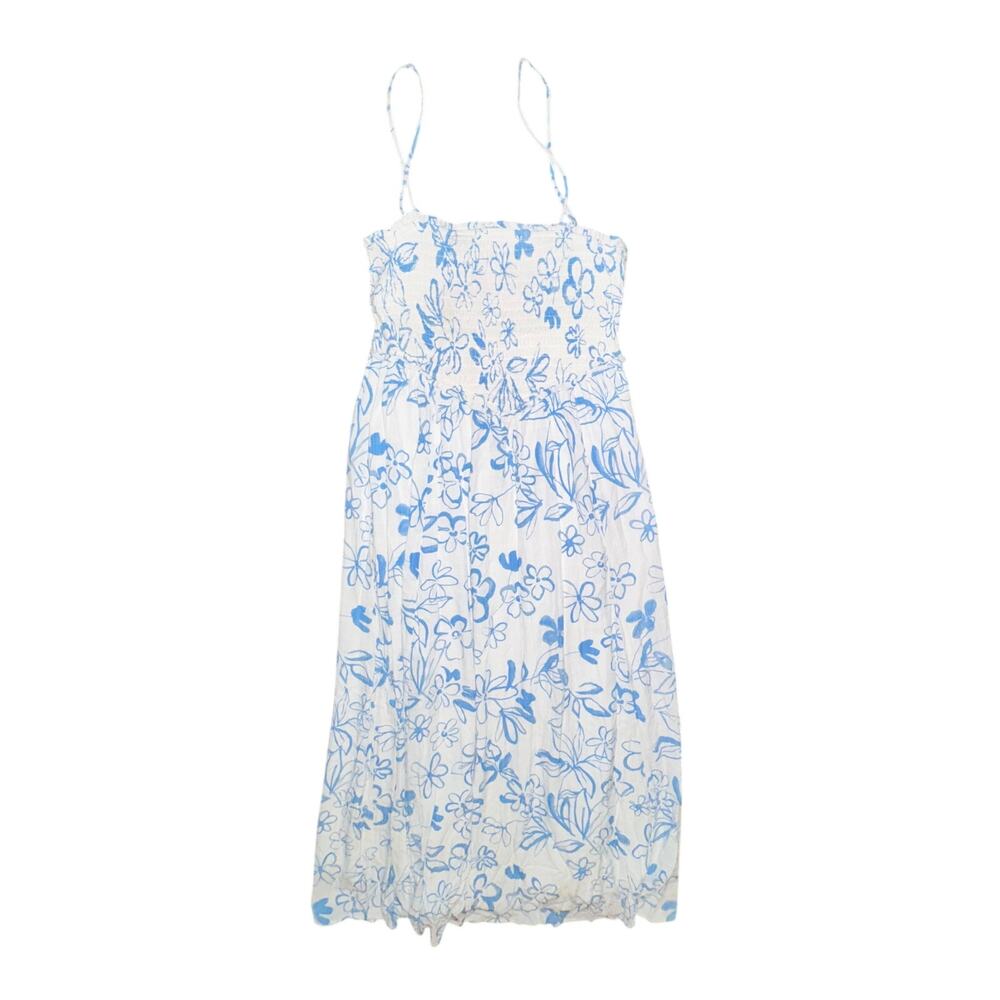American Eagle Smocked Maxi Dress Women's Size M White Blue Floral Pockets